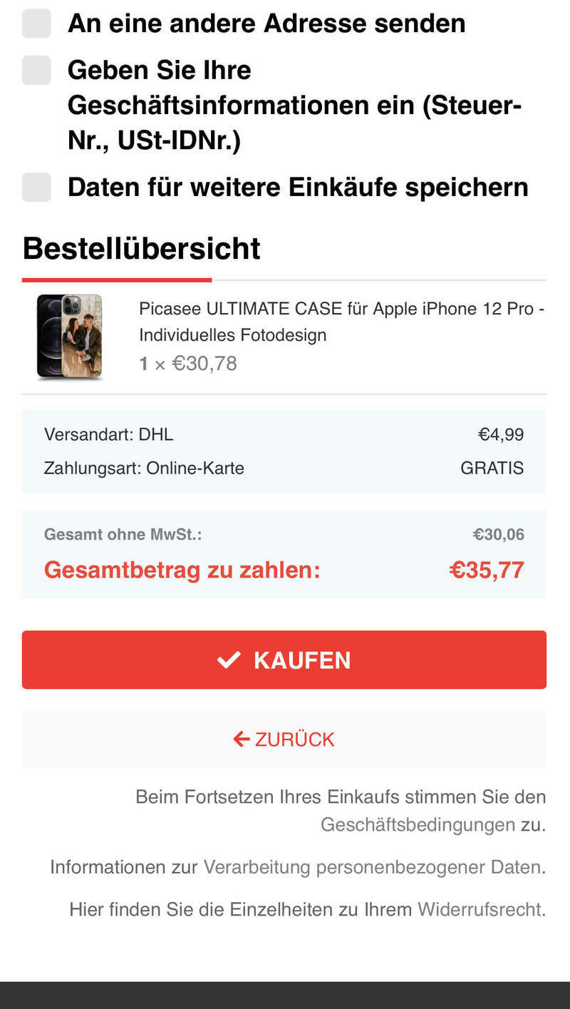 Wählen Sie den Versand, die Zahlungsart und geben Sie die Lieferdetails ein