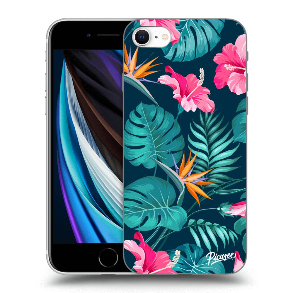 Picasee Apple iPhone SE 2020 Hülle - Schwarzes Silikon - Pink Monstera
