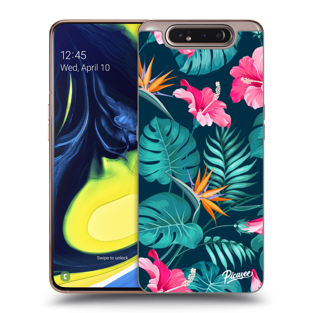 Picasee Samsung Galaxy A80 A805F Hülle - Transparentes Silikon - Pink Monstera