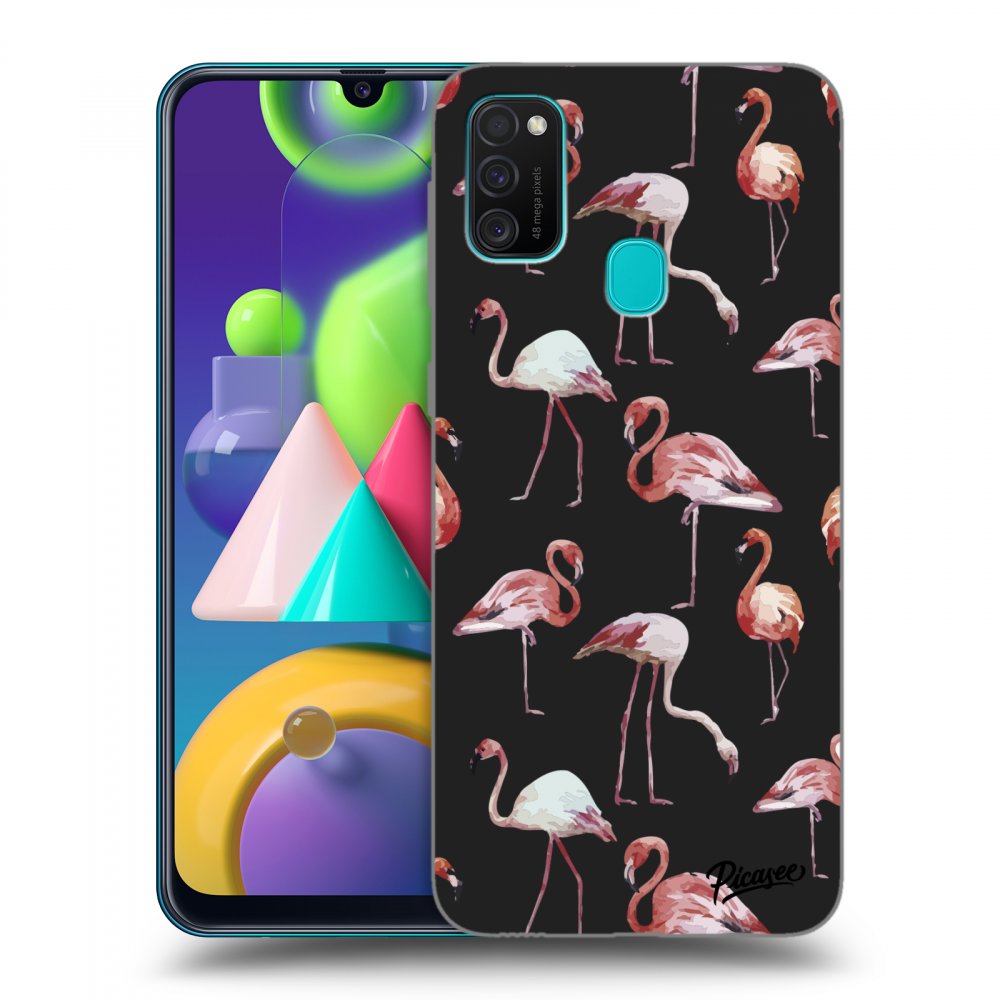 Picasee Samsung Galaxy M21 M215F Hülle - Schwarzes Silikon - Flamingos