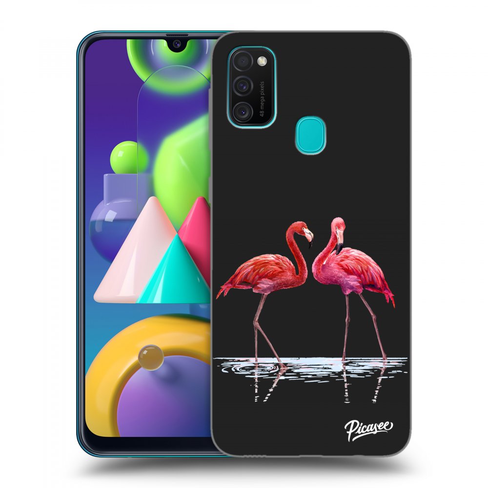 Picasee Samsung Galaxy M21 M215F Hülle - Schwarzes Silikon - Flamingos couple