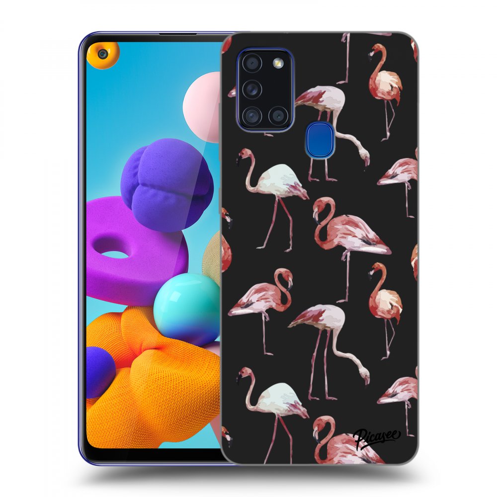 Picasee Samsung Galaxy A21s Hülle - Schwarzes Silikon - Flamingos