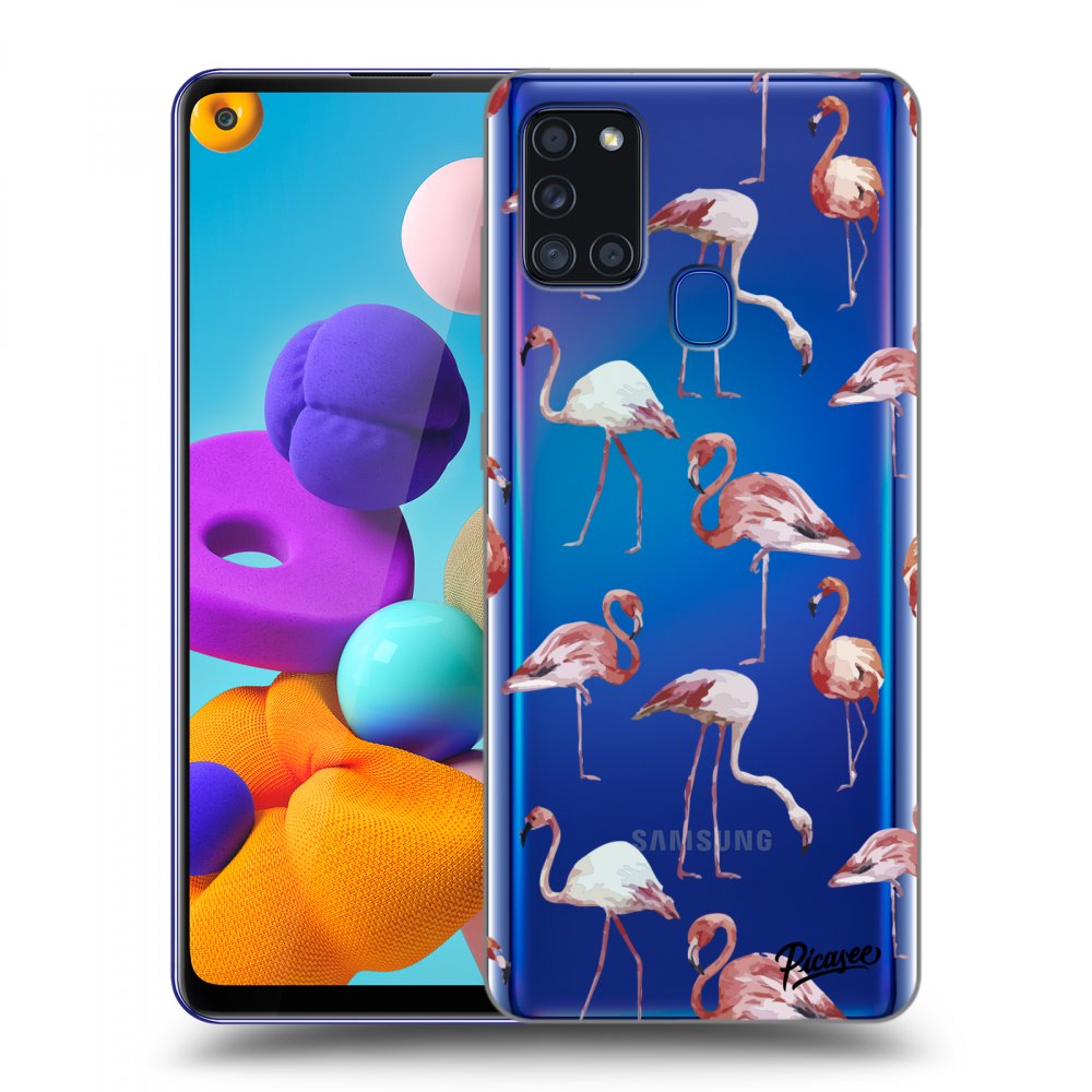 Picasee Samsung Galaxy A21s Hülle - Transparentes Silikon - Flamingos