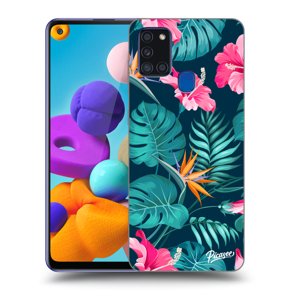 Picasee Samsung Galaxy A21s Hülle - Schwarzes Silikon - Pink Monstera
