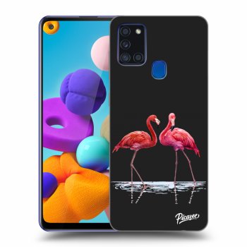 Picasee Samsung Galaxy A21s Hülle - Schwarzes Silikon - Flamingos couple