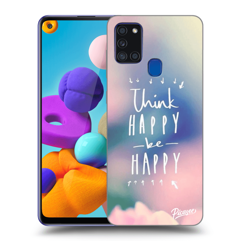 Picasee Samsung Galaxy A21s Hülle - Schwarzes Silikon - Think happy be happy