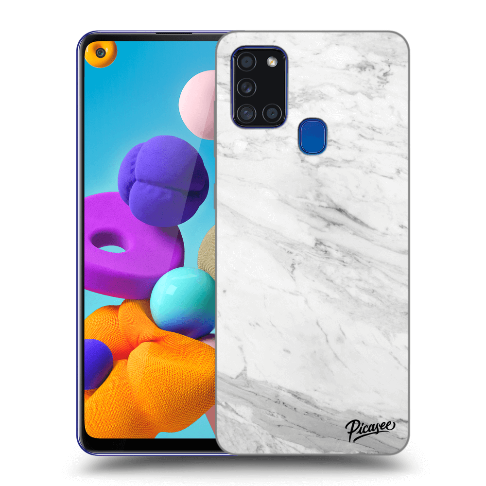 Picasee Samsung Galaxy A21s Hülle - Schwarzes Silikon - White marble