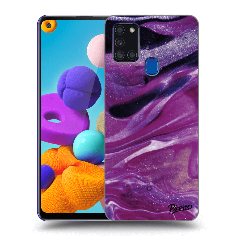 Picasee Samsung Galaxy A21s Hülle - Schwarzes Silikon - Purple glitter