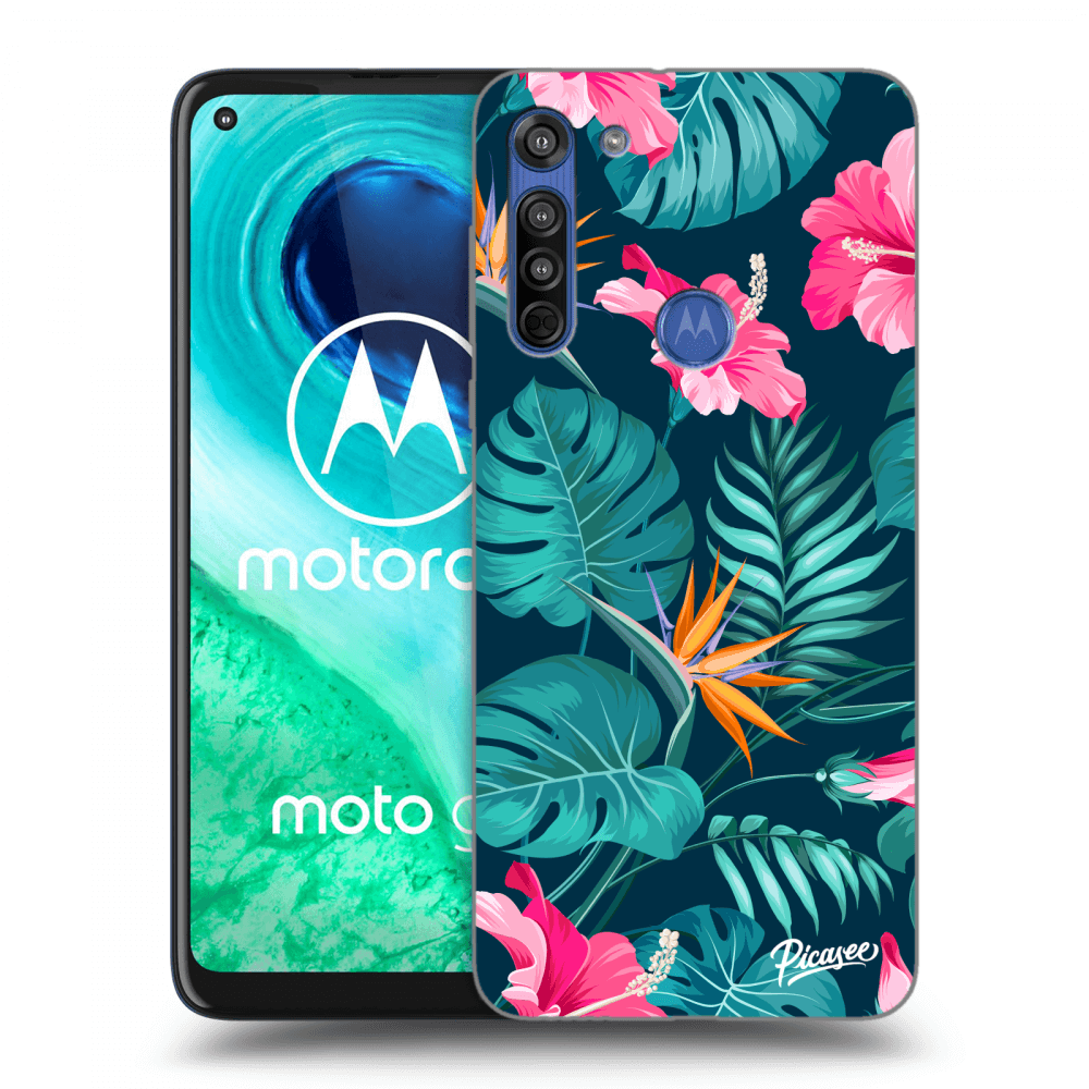 Picasee Motorola Moto G8 Hülle - Schwarzes Silikon - Pink Monstera