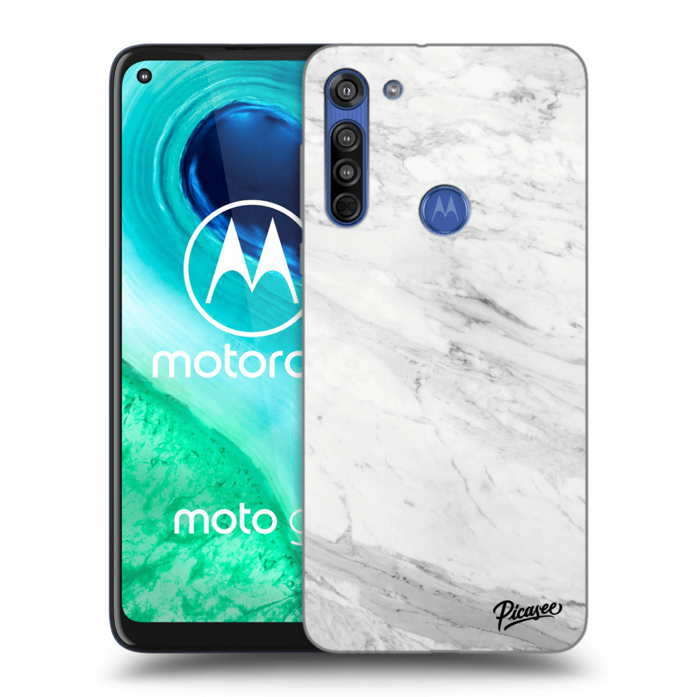 Picasee Motorola Moto G8 Hülle - Schwarzes Silikon - White marble