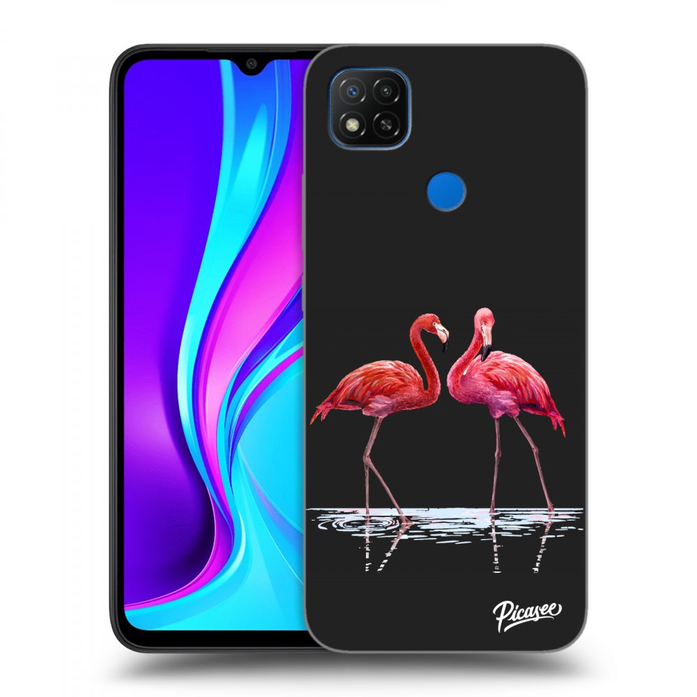 Picasee Xiaomi Redmi 9C Hülle - Schwarzes Silikon - Flamingos couple