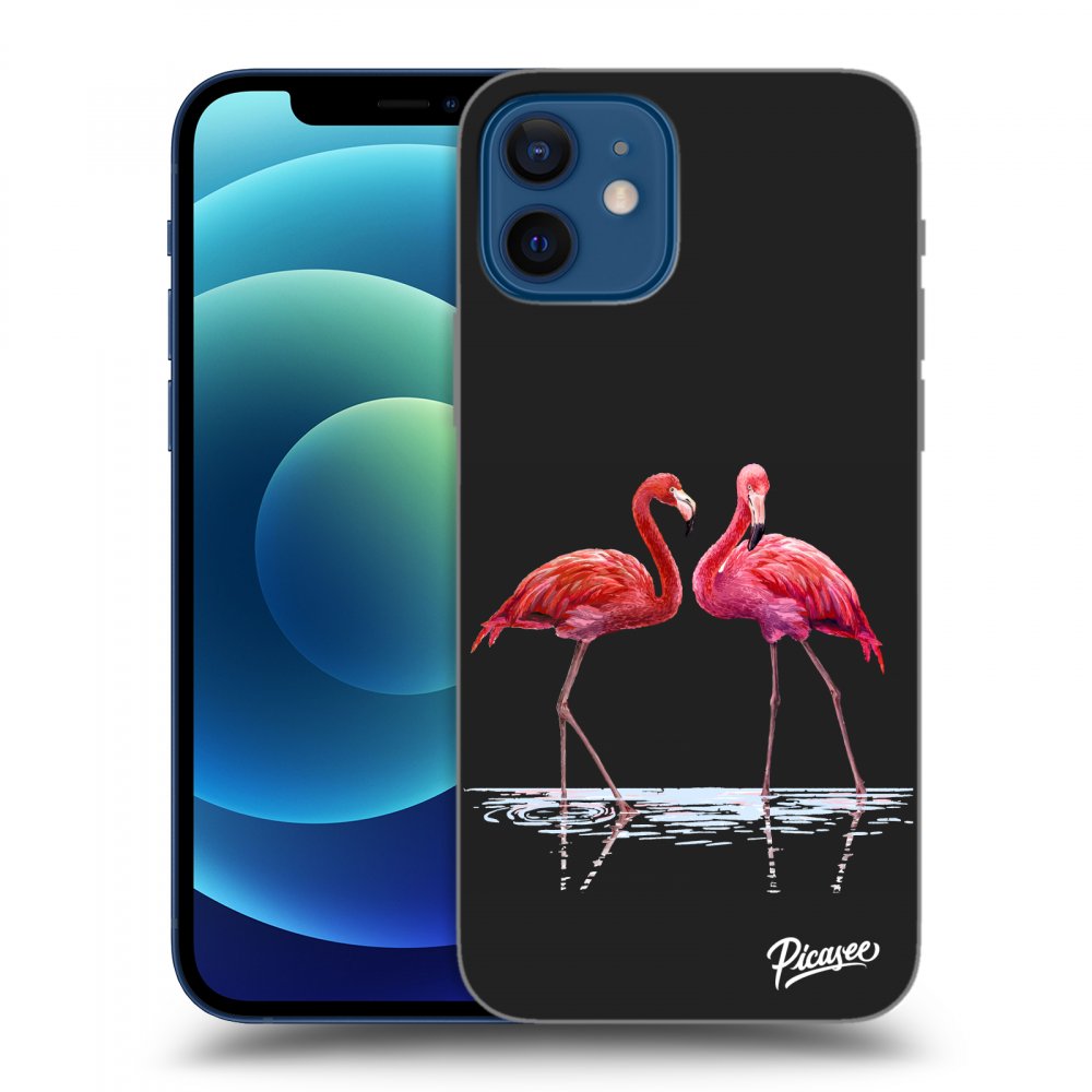 Picasee Apple iPhone 12 Hülle - Schwarzes Silikon - Flamingos couple