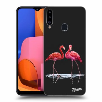 Picasee Samsung Galaxy A20s Hülle - Schwarzes Silikon - Flamingos couple