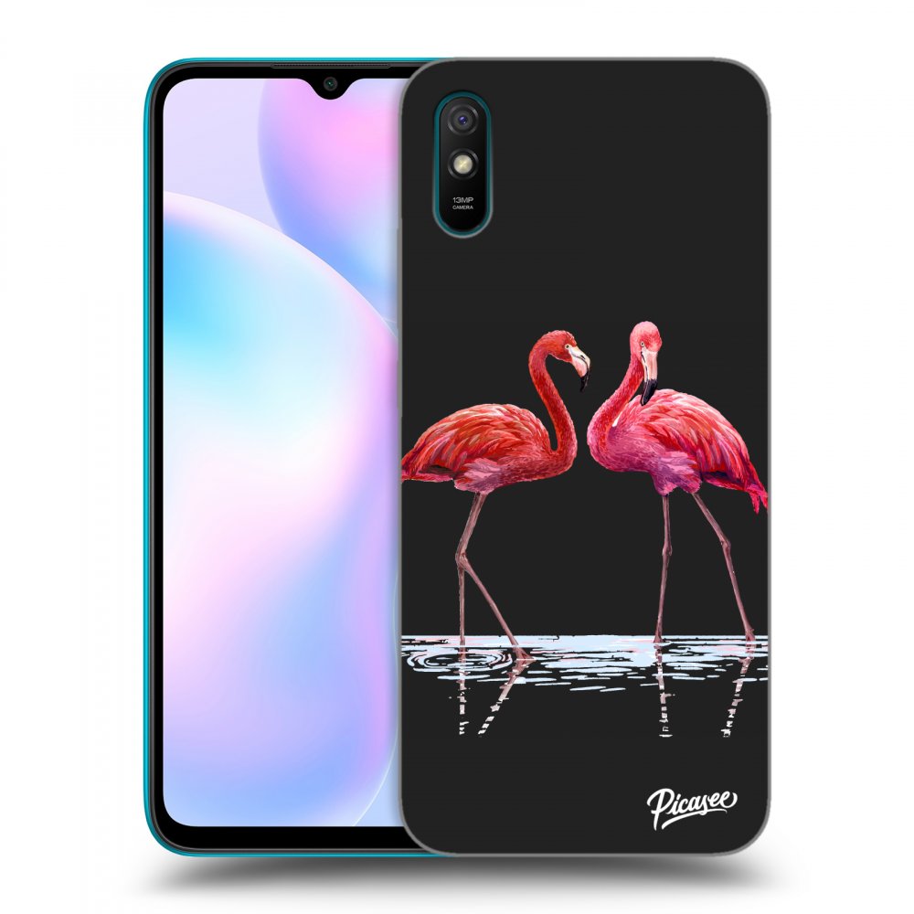 Picasee Xiaomi Redmi 9AT Hülle - Schwarzes Silikon - Flamingos couple