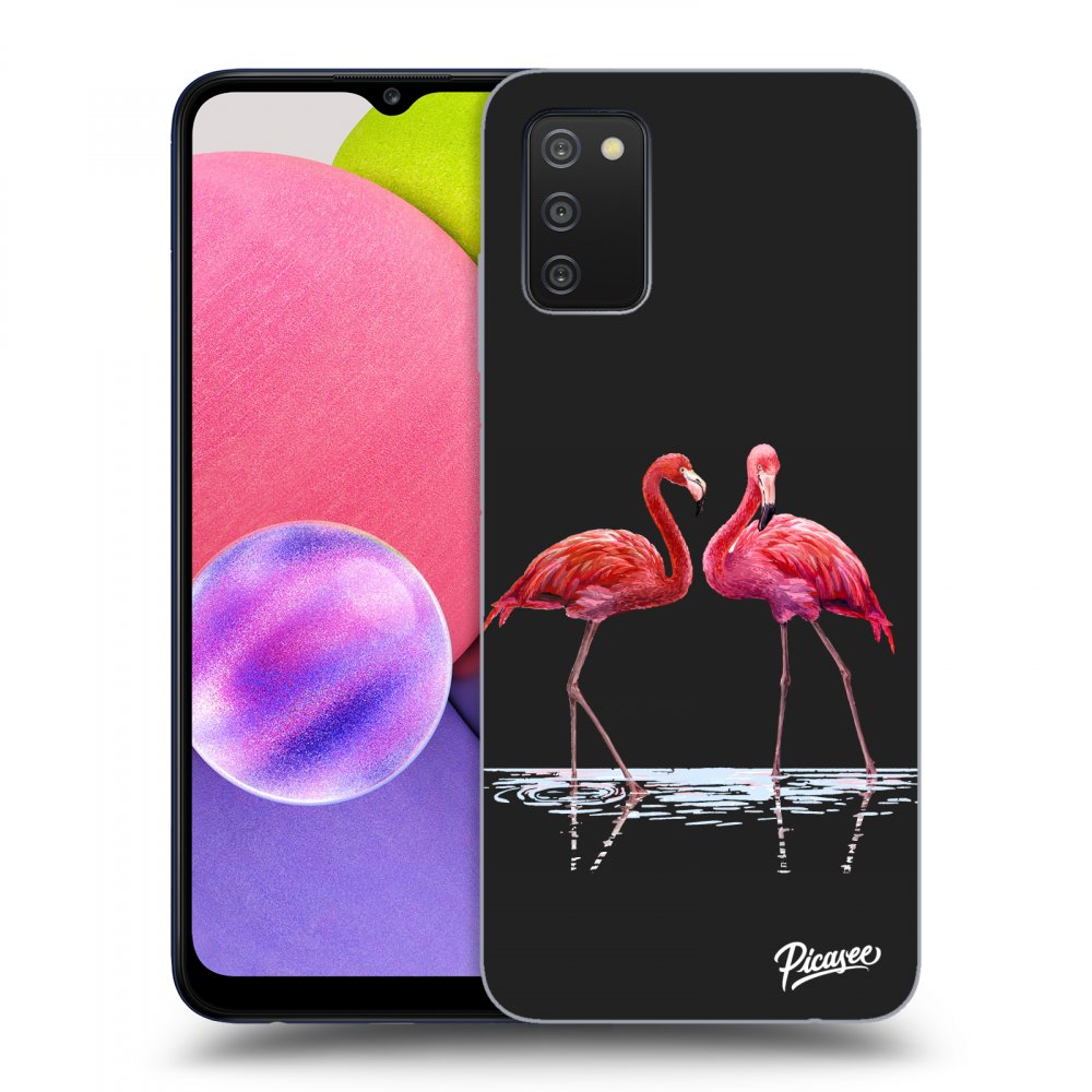 Picasee Samsung Galaxy A02s A025G Hülle - Schwarzes Silikon - Flamingos couple