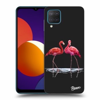 Picasee Samsung Galaxy M12 M127F Hülle - Schwarzes Silikon - Flamingos couple