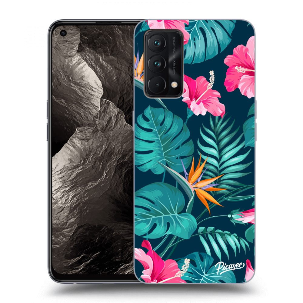 Picasee Realme GT Master Edition 5G Hülle - Schwarzes Silikon - Pink Monstera