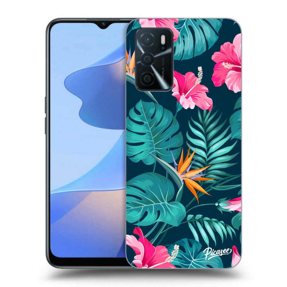 Picasee OPPO A16 Hülle - Schwarzes Silikon - Pink Monstera