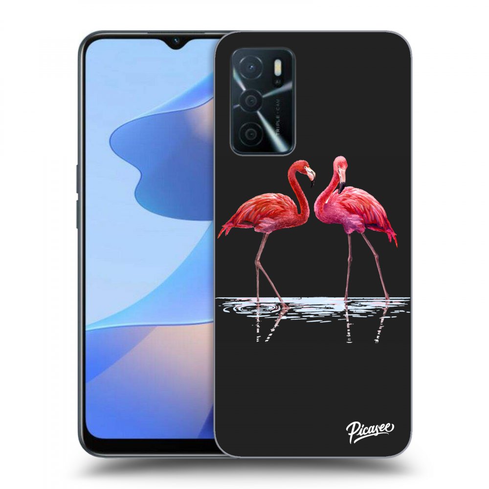 Picasee OPPO A16s Hülle - Schwarzes Silikon - Flamingos couple
