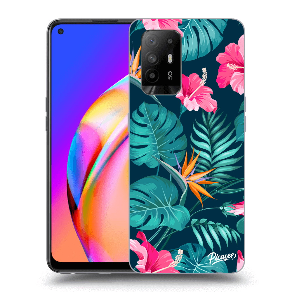 Picasee OPPO A94 5G Hülle - Schwarzes Silikon - Pink Monstera