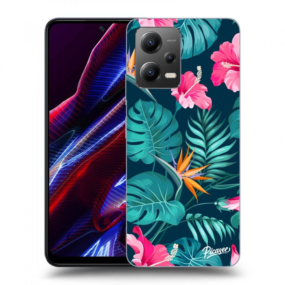 Picasee Xiaomi Poco X5 Hülle - Schwarzes Silikon - Pink Monstera