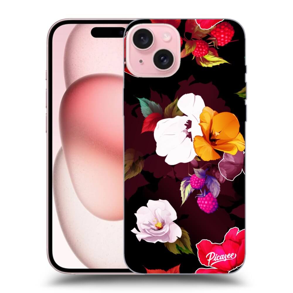 Apple IPhone 15 Hülle - Schwarzes Silikon - Flowers And Berries