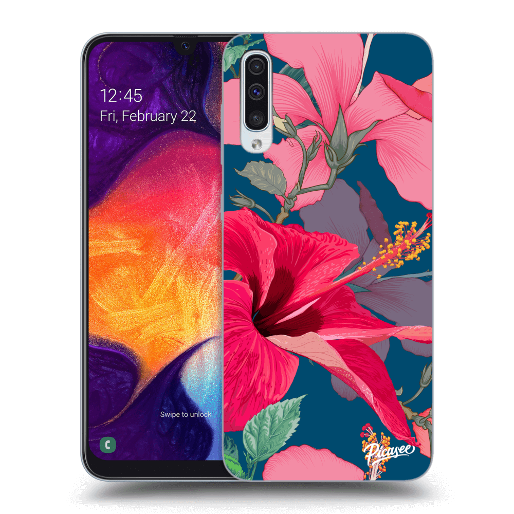 Picasee Samsung Galaxy A50 A505F Hülle - Schwarzes Silikon - Hibiscus