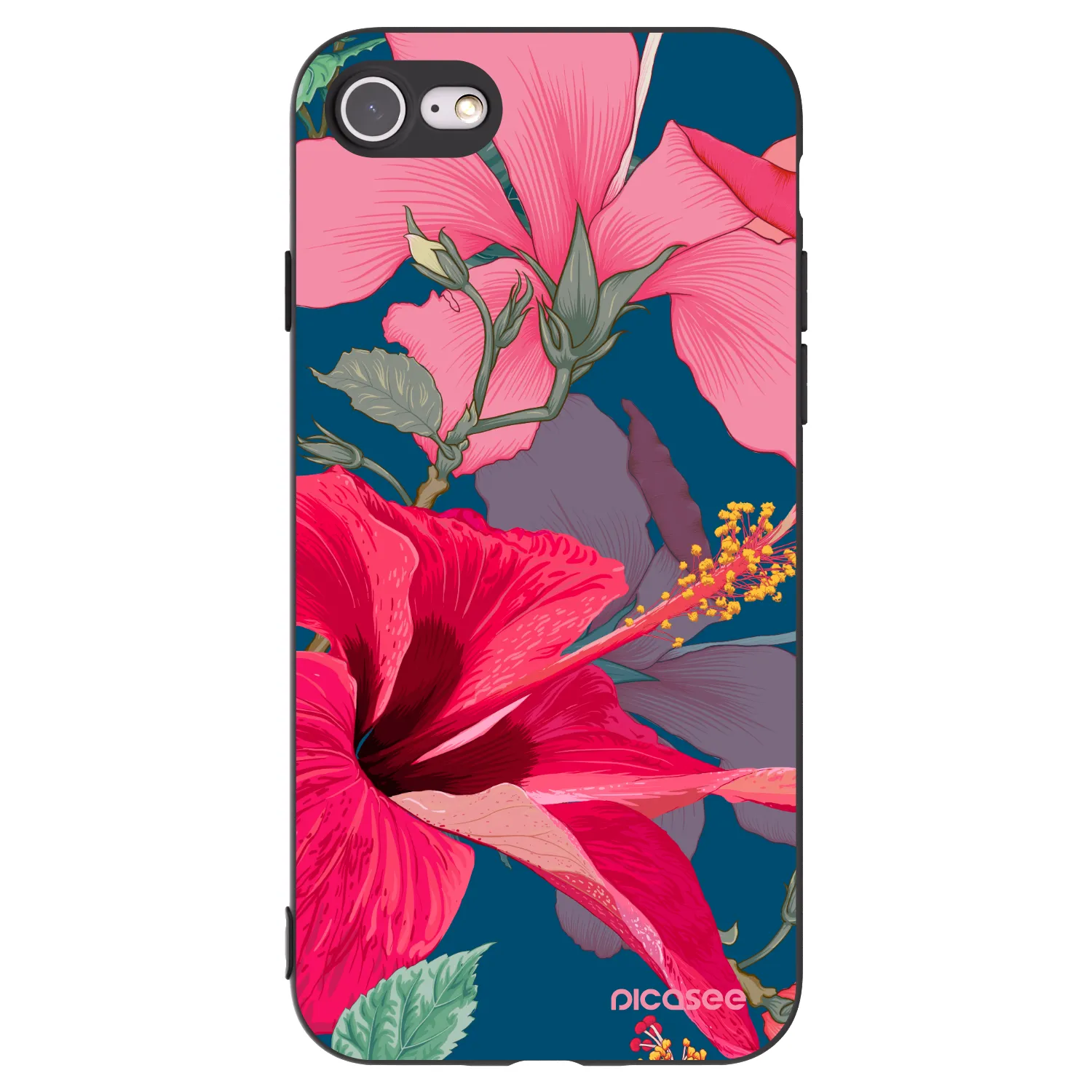 Picasee Apple iPhone SE 2020 Hülle - Schwarzes Silikon - Hibiscus