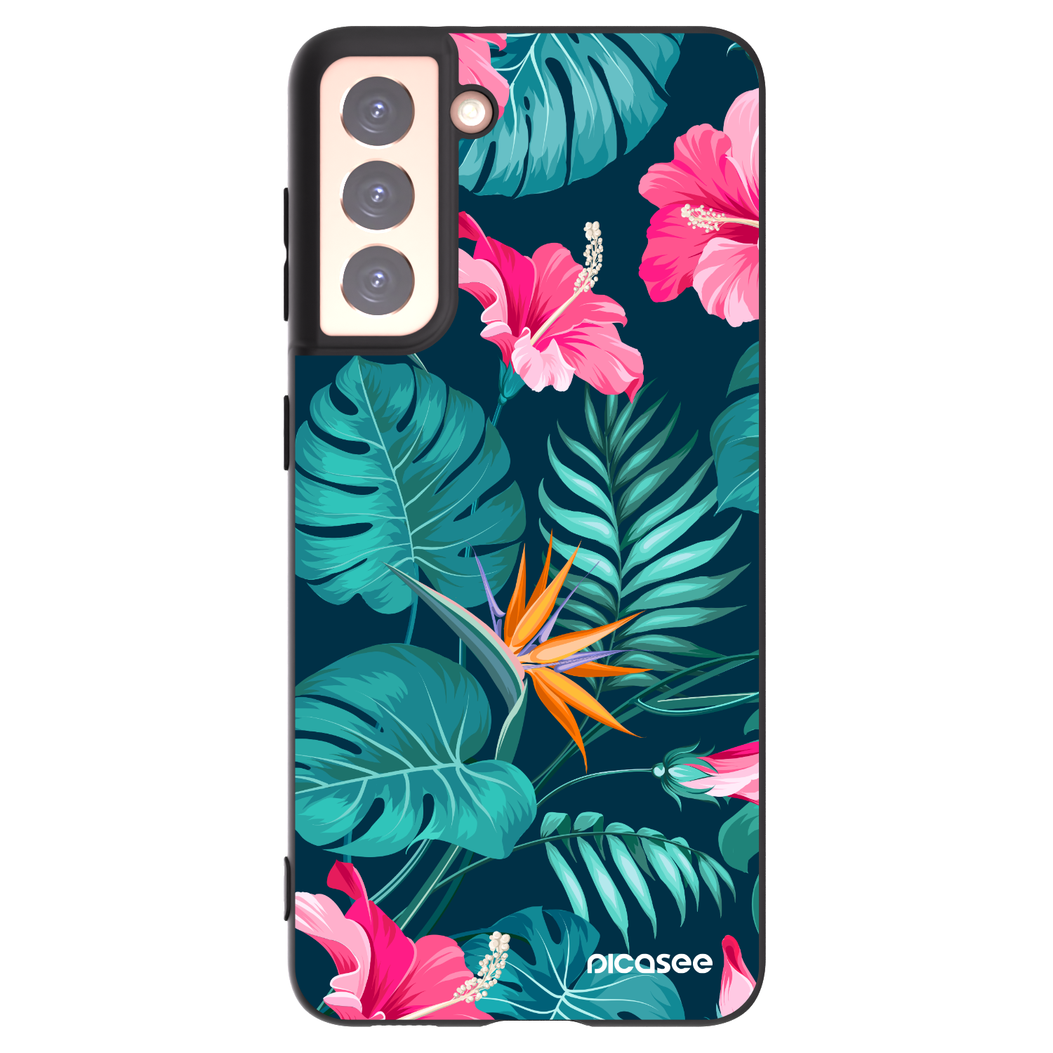 Picasee Samsung Galaxy S21 5G G991B Hülle - Schwarzes Silikon - Pink Monstera