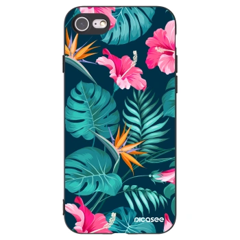 Picasee Apple iPhone SE 2022 Hülle - Schwarzes Silikon - Pink Monstera