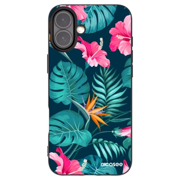 Picasee Apple iPhone 16 Plus Hülle - Schwarzes Silikon - Pink Monstera