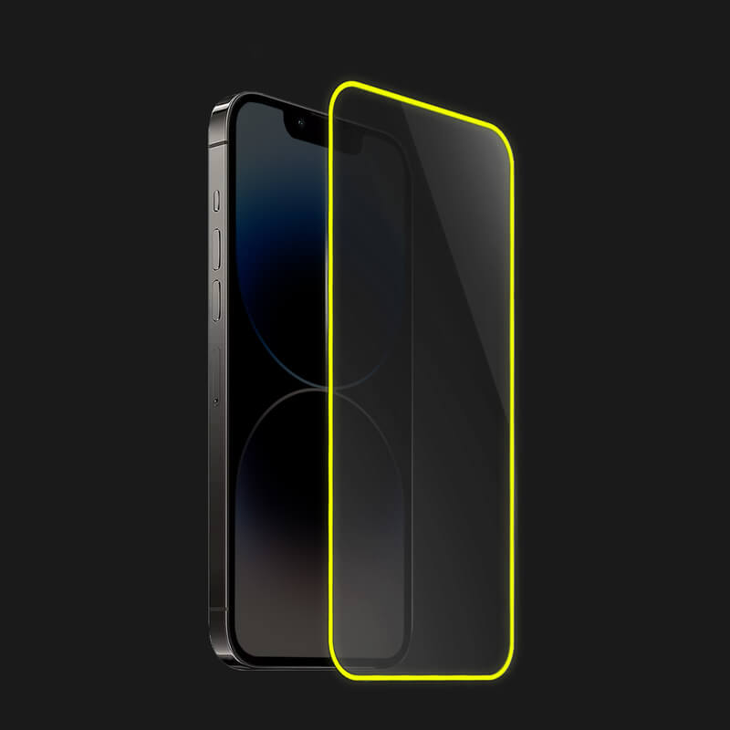 Picasee Gehärtetes Schutzglas mit einem im Dunkeln leuchtenden Rahmen für Apple iPhone 12 - Gelb