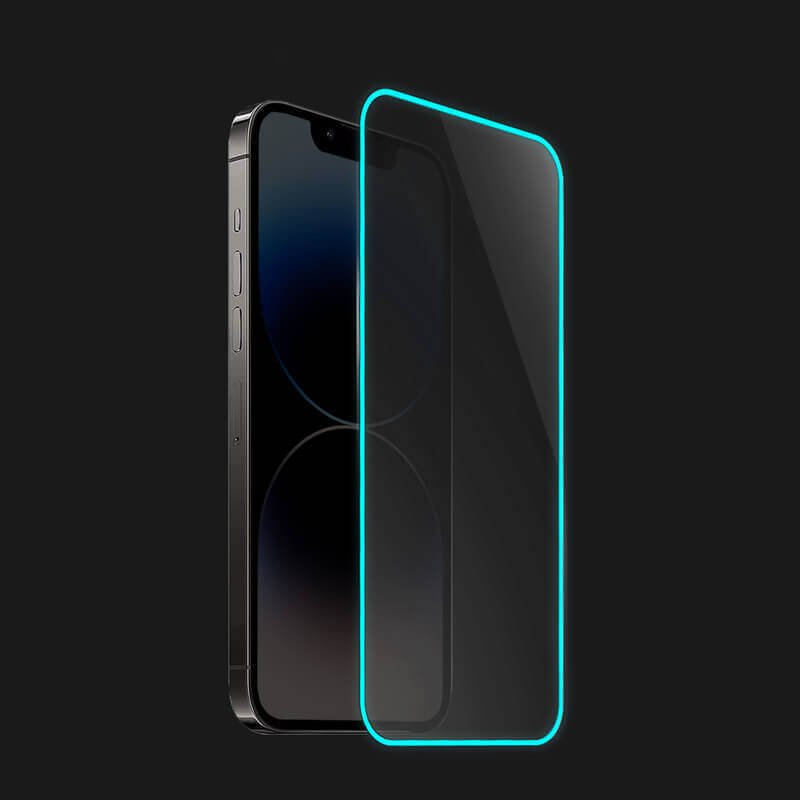 Picasee Gehärtetes Schutzglas mit einem im Dunkeln leuchtenden Rahmen für Apple iPhone 15 Pro Max - Blau